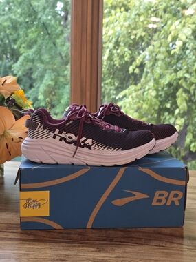 Women's Size 6.5 HOKA Rincon 2 running shoes in the Cordovan/White